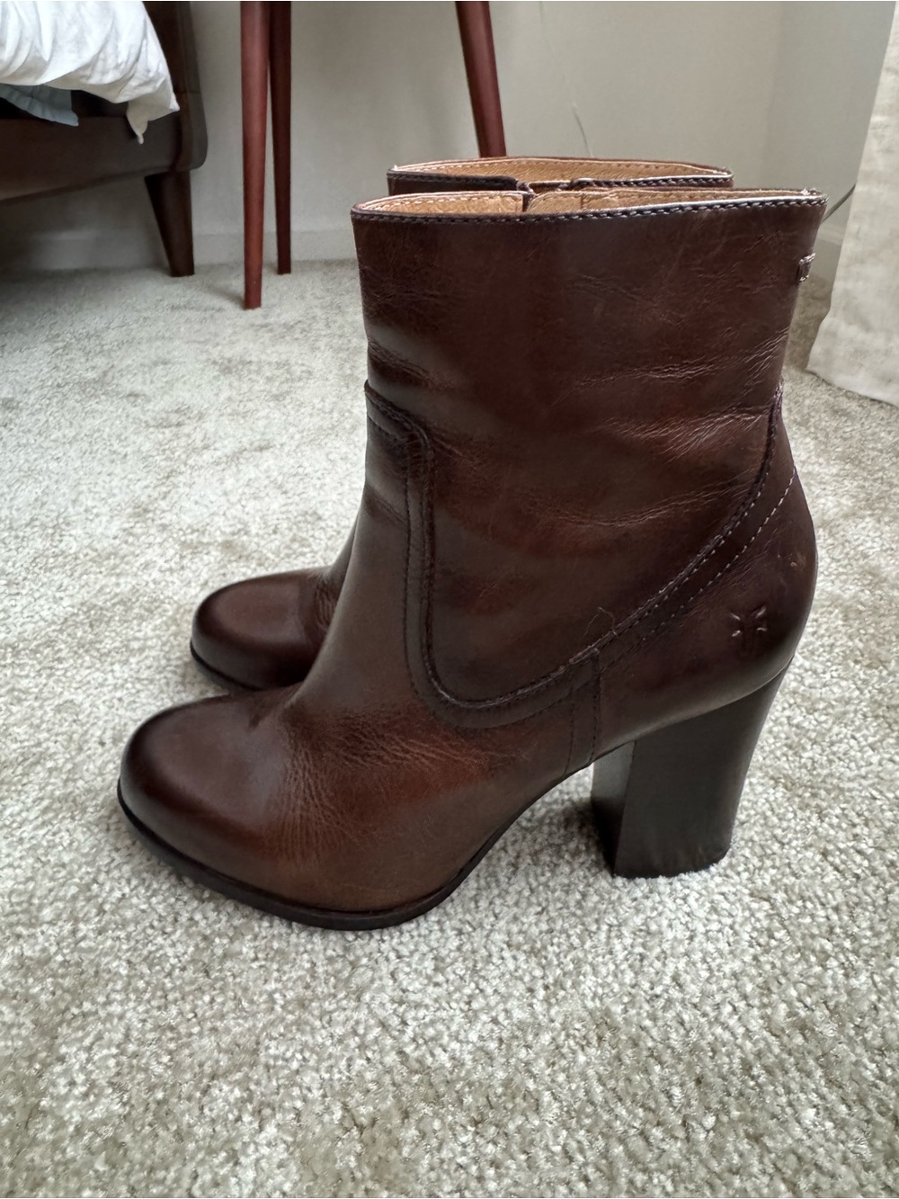 Frye Dark Brown Leather High Block Heel Ankle Boots
